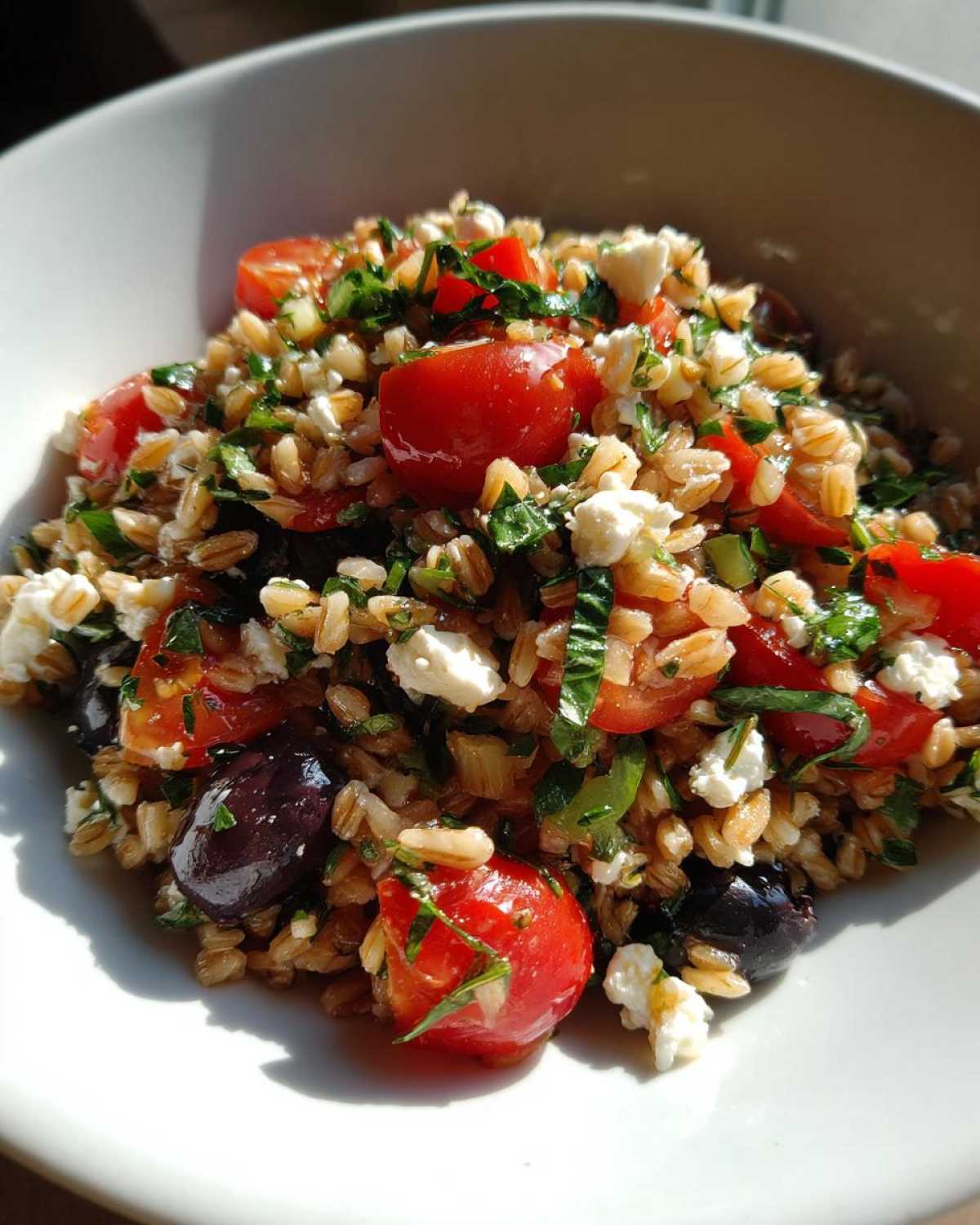 Close-up of a vibrant Mediterranean farro salad featuring cherry tomatoes, feta cheese, olives, and fresh herbs.