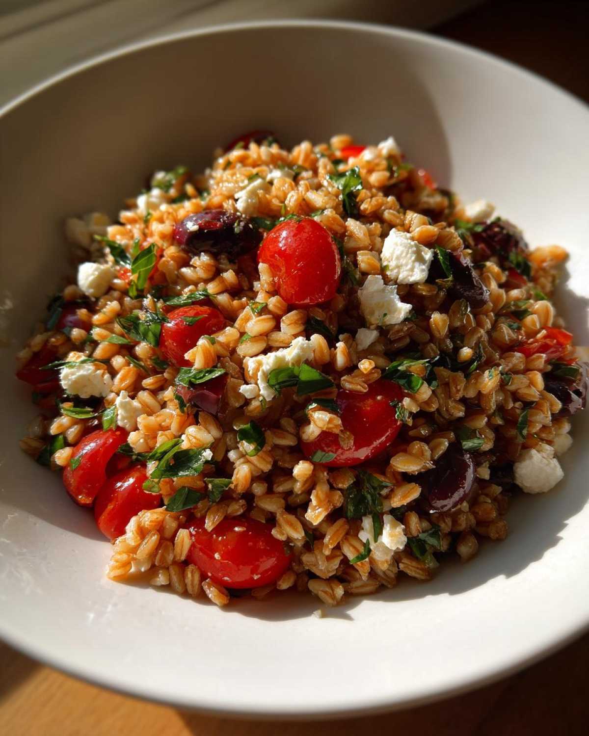 A close-up serving of vibrant Mediterranean farro salad featuring whole farro grains, halved cherry tomatoes, feta cheese, and olives.