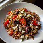 Close-up of a bowl of Mediterranean farro salad featuring farro grains, halved cherry tomatoes, Kalamata olives, and crumbled feta cheese.