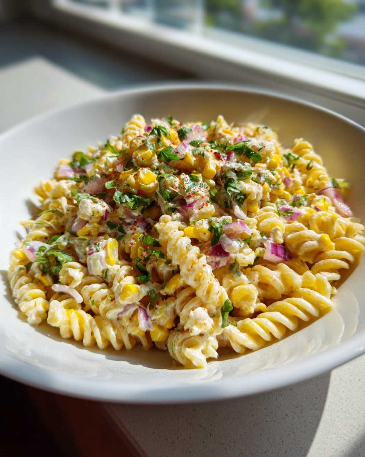 A close-up of Mexican Street Corn Pasta Salad featuring fusilli pasta, corn kernels, red onion, and cilantro in a creamy sauce.