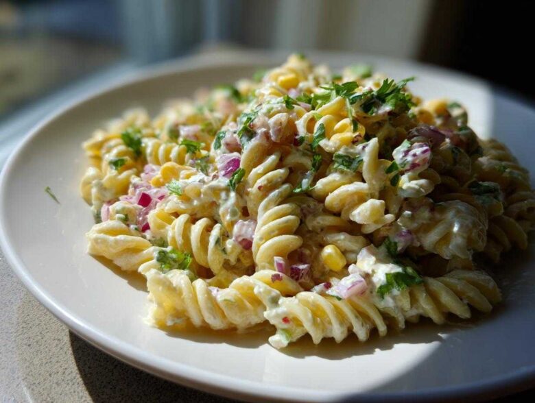 Close-up of Mexican Street Corn Pasta Salad featuring fusilli pasta, creamy sauce, corn kernels, red onion, and cilantro.