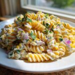 Close-up of creamy Mexican Street Corn Pasta Salad featuring fusilli pasta, corn, red onion, and herbs.