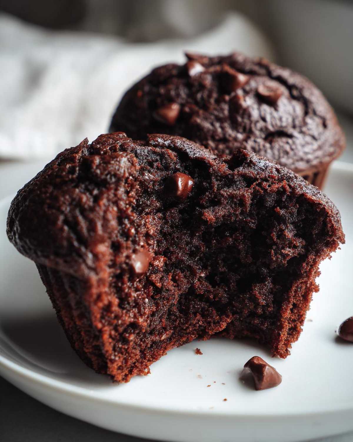 Close-up of a moist chocolate muffin with a bite taken out, revealing the rich interior and chocolate chips.