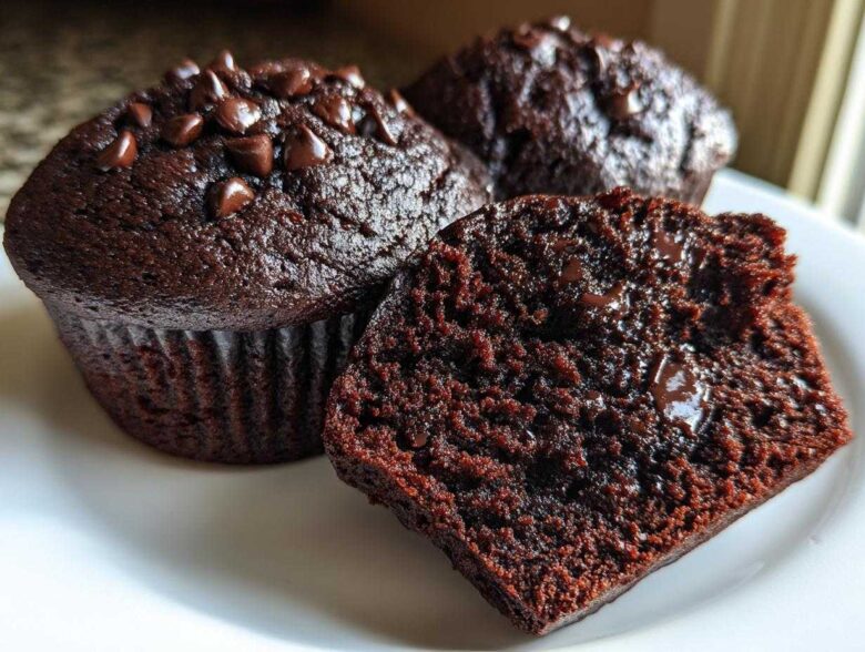 Close-up of moist chocolate muffins, one cut open revealing a rich, dark interior with melted chocolate chips. Perfect chocolate muffins.