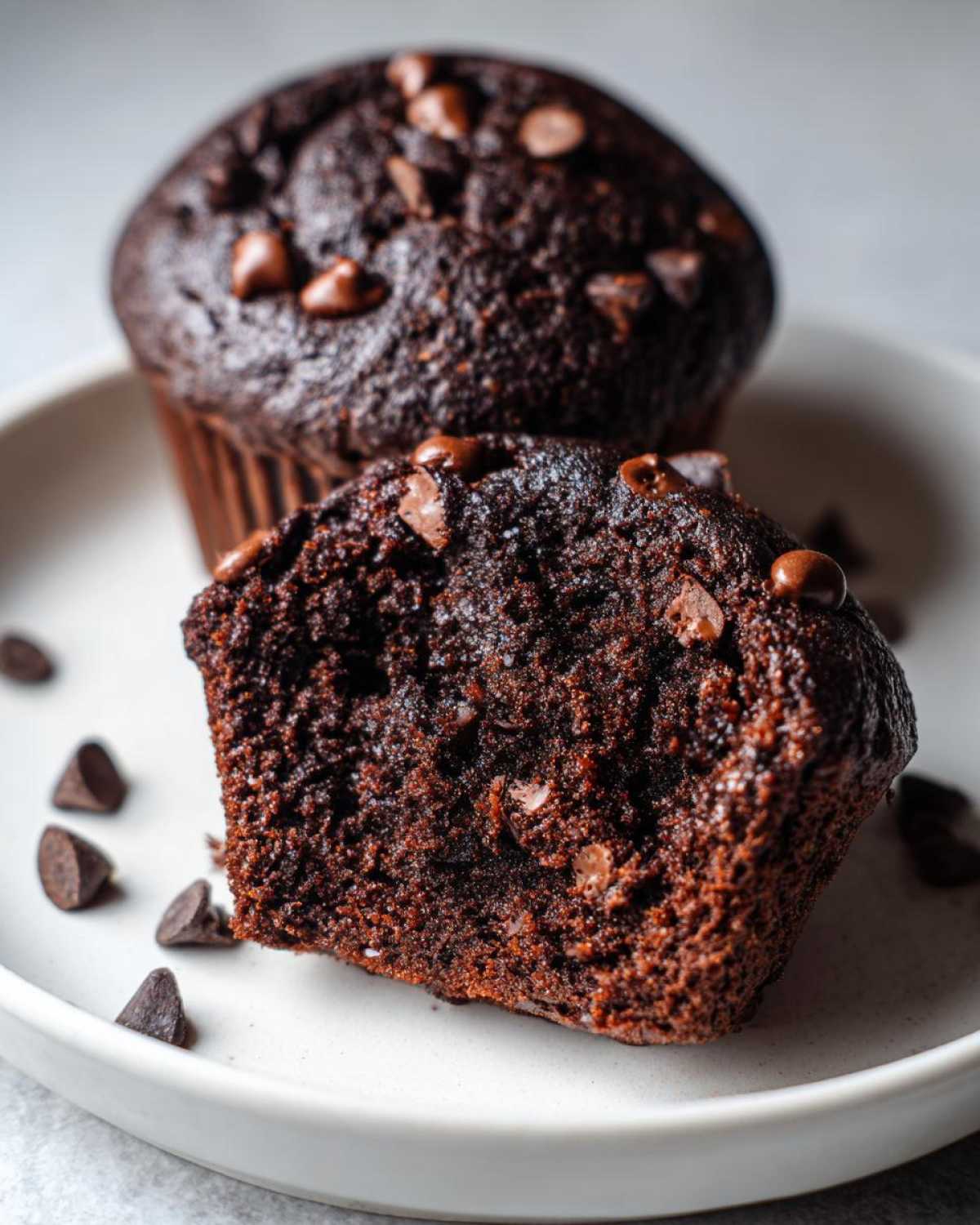 Close-up of a halved, moist chocolate muffin showing the rich, dark interior and chocolate chips, with another whole chocolate muffin in the background.