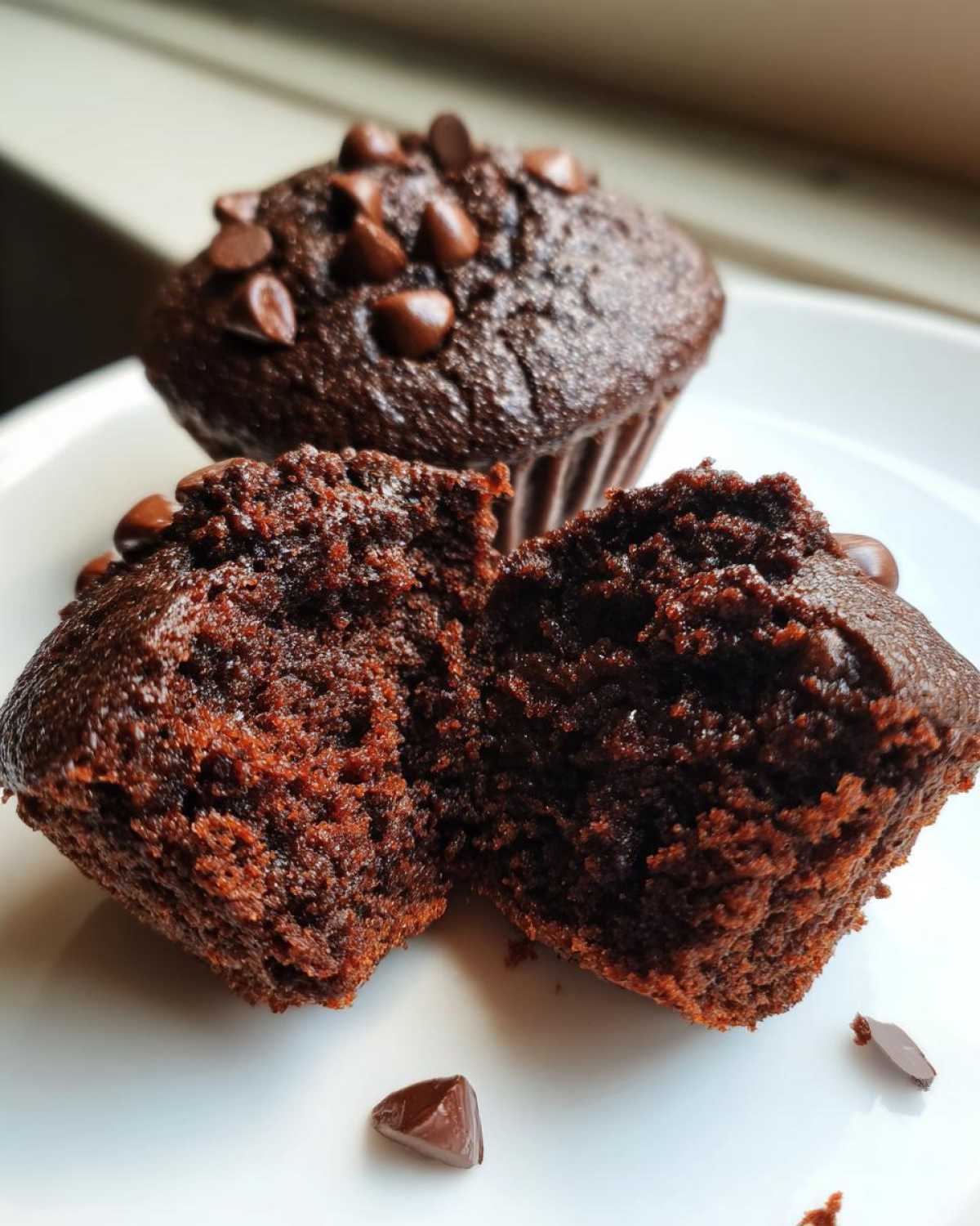 Close-up of moist chocolate muffins, one split open showing the rich interior texture and topped with chocolate chips.