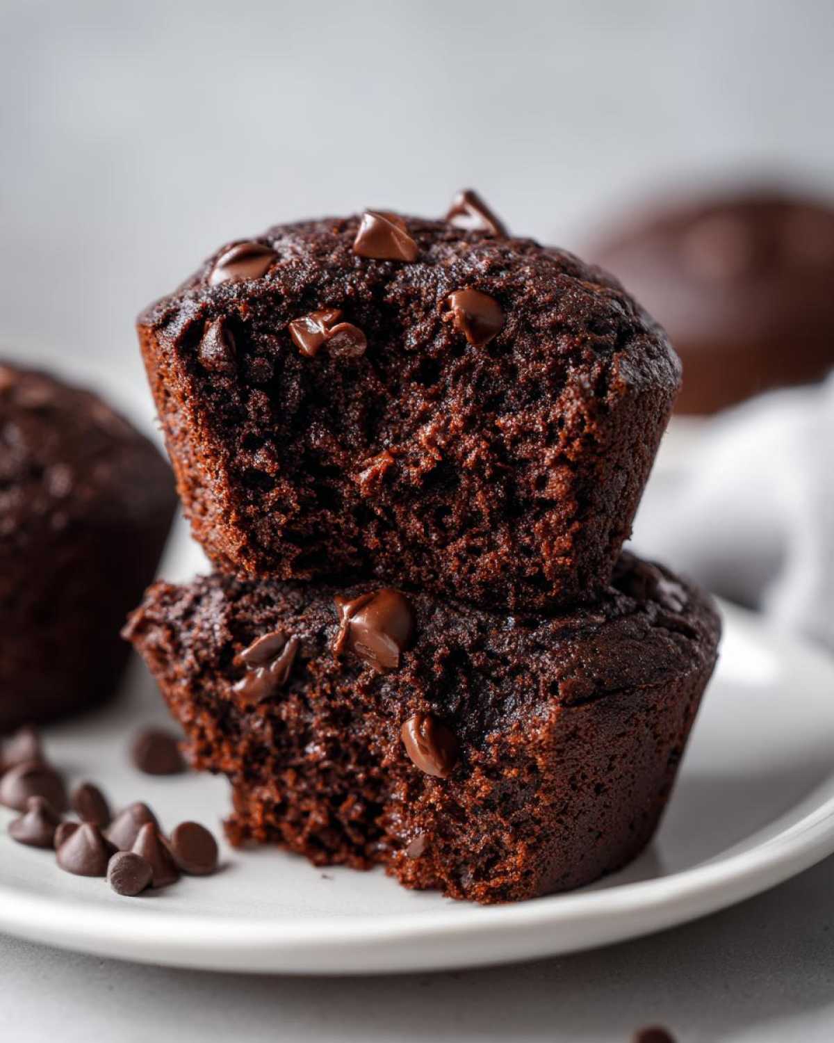 Two moist chocolate muffins stacked, showing the rich, dark crumb texture and melted chocolate chips. Perfect for chocolate muffins.
