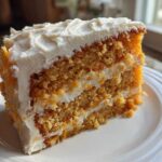 Close-up of a moist slice of Creamsicle Cake showing two layers of orange cake separated by white frosting.