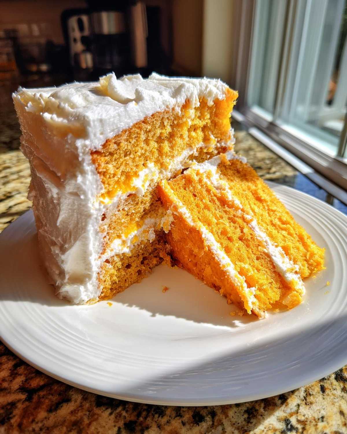 A close-up of two slices of vibrant orange Creamsicle Cake layered with white frosting, sitting on a white plate.