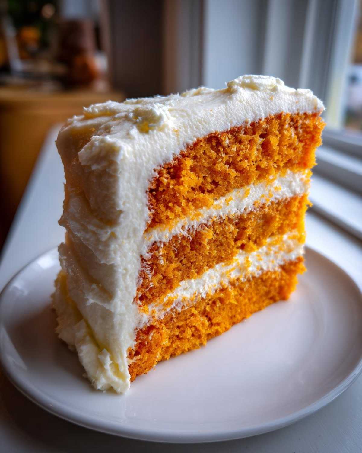 Close-up of a moist slice of three-layer Creamsicle Cake with bright orange layers and thick white frosting.