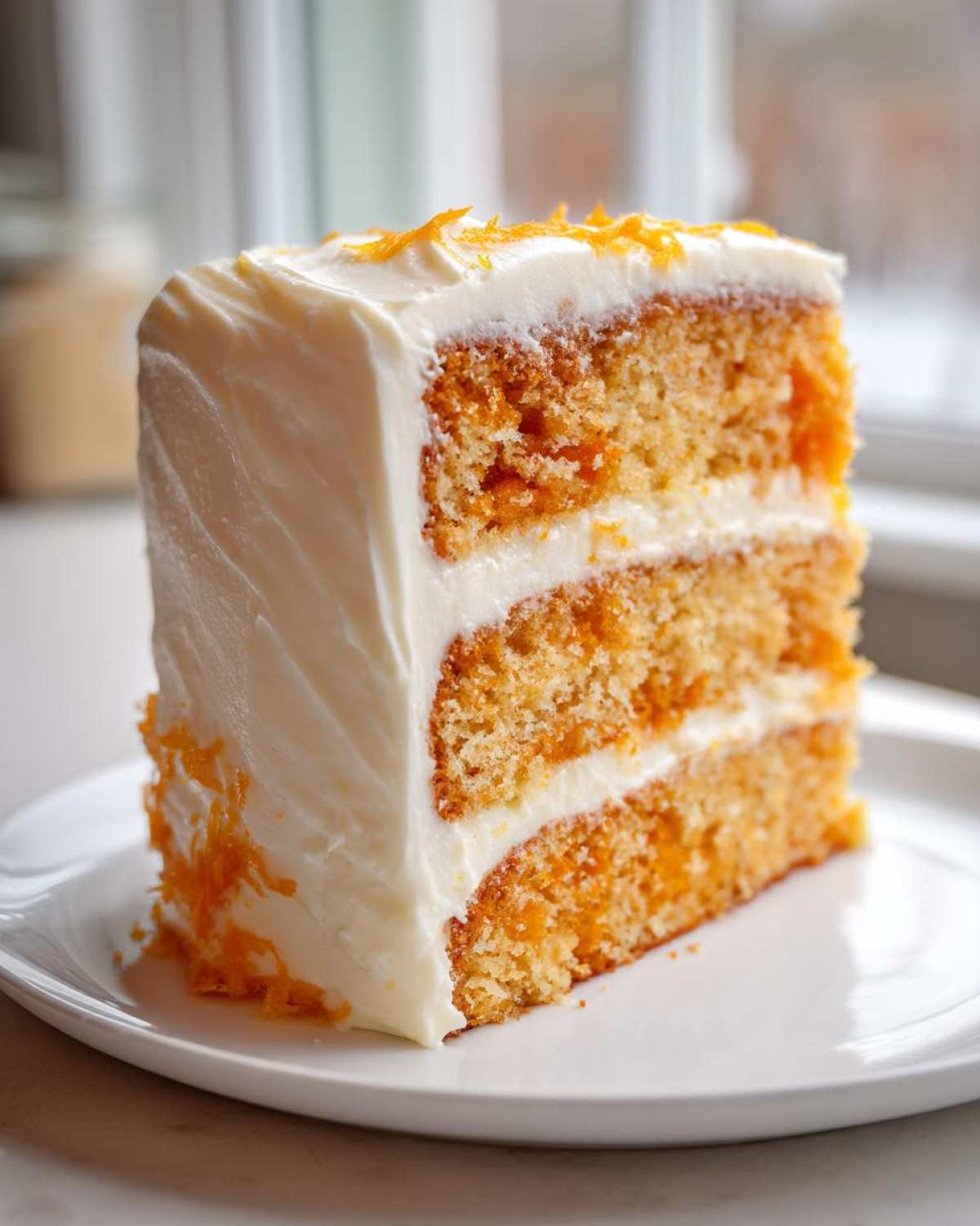 A tall, moist slice of Creamsicle Cake with three layers of orange cake and white cream cheese frosting.