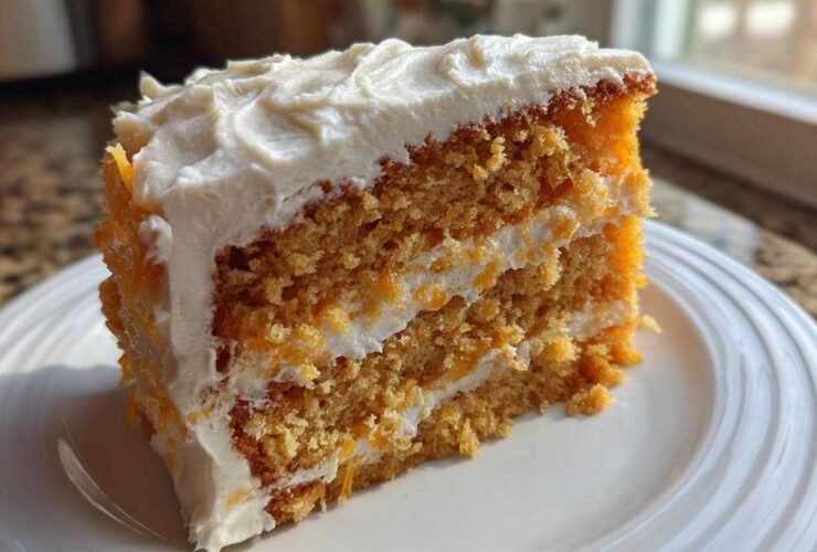 Close-up of a moist slice of Creamsicle Cake showing two layers of orange cake separated by white frosting.