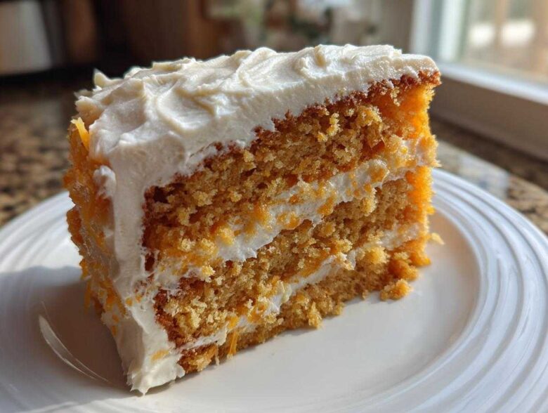 Close-up of a moist slice of Creamsicle Cake showing two layers of orange cake separated by white frosting.