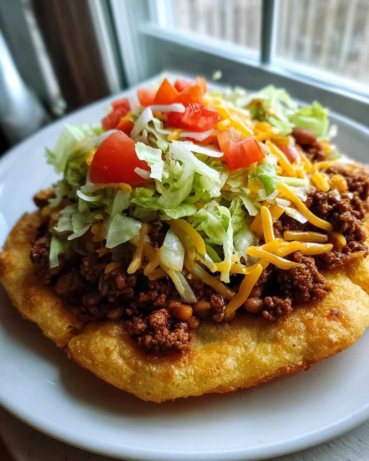 A fully loaded Navajo Taco Fry Bread topped with seasoned ground beef, lettuce, tomatoes, and shredded cheese.
