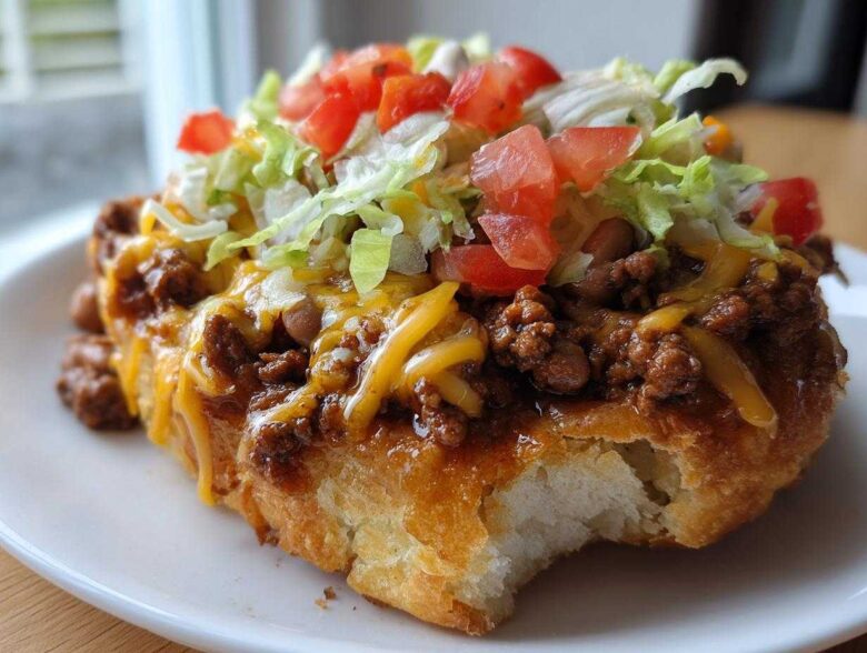 Close-up of a delicious Navajo Taco Fry Bread topped with seasoned ground beef, melted cheese, lettuce, and diced tomatoes.
