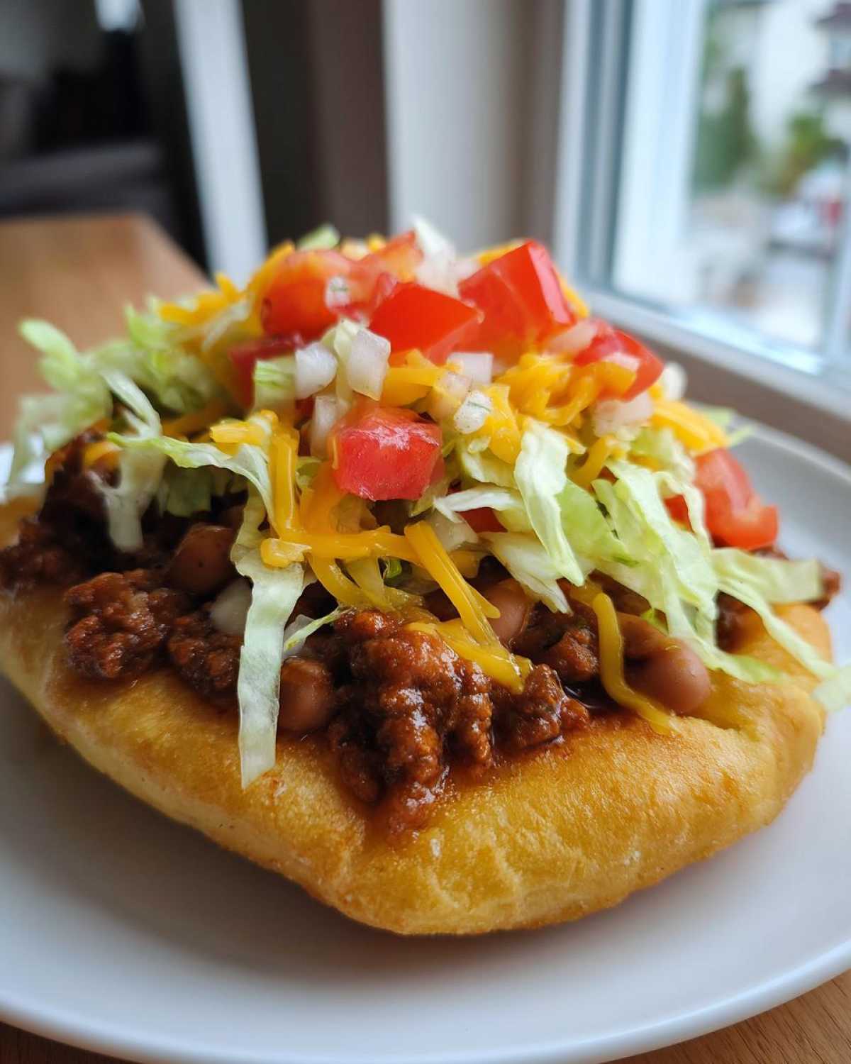 A close-up of a fully loaded Navajo Taco Fry Bread topped with chili, shredded lettuce, tomatoes, onions, and cheese.
