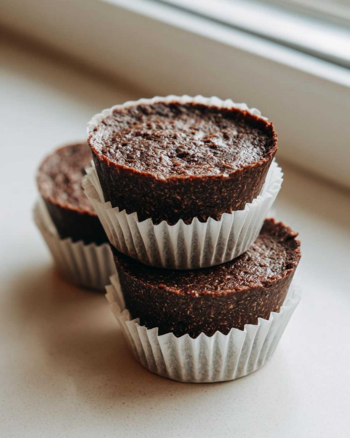 A stack of two rich, dark No-Bake Chocolate Coconut Protein Cups in white paper liners.