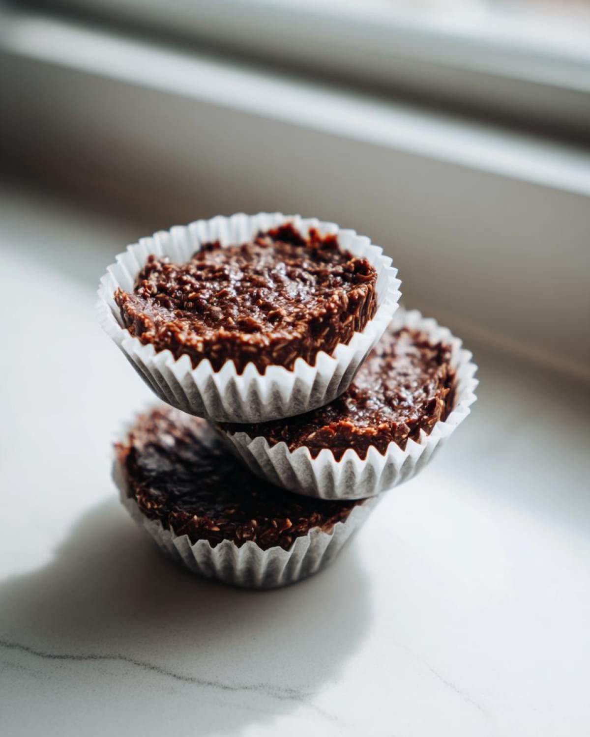 Three No-Bake Chocolate Coconut Protein Cups stacked on a white marble surface near a window.