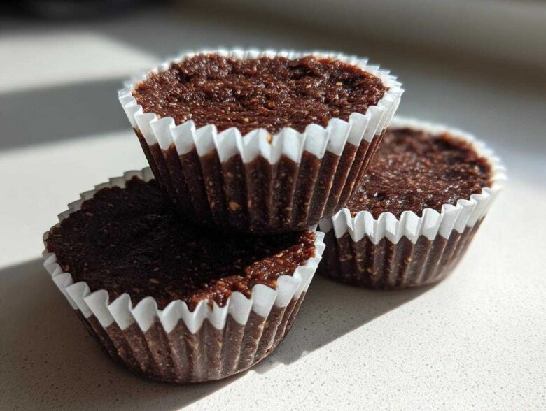 Three rich, dark No-Bake Chocolate Coconut Protein Cups stacked slightly on a white surface.
