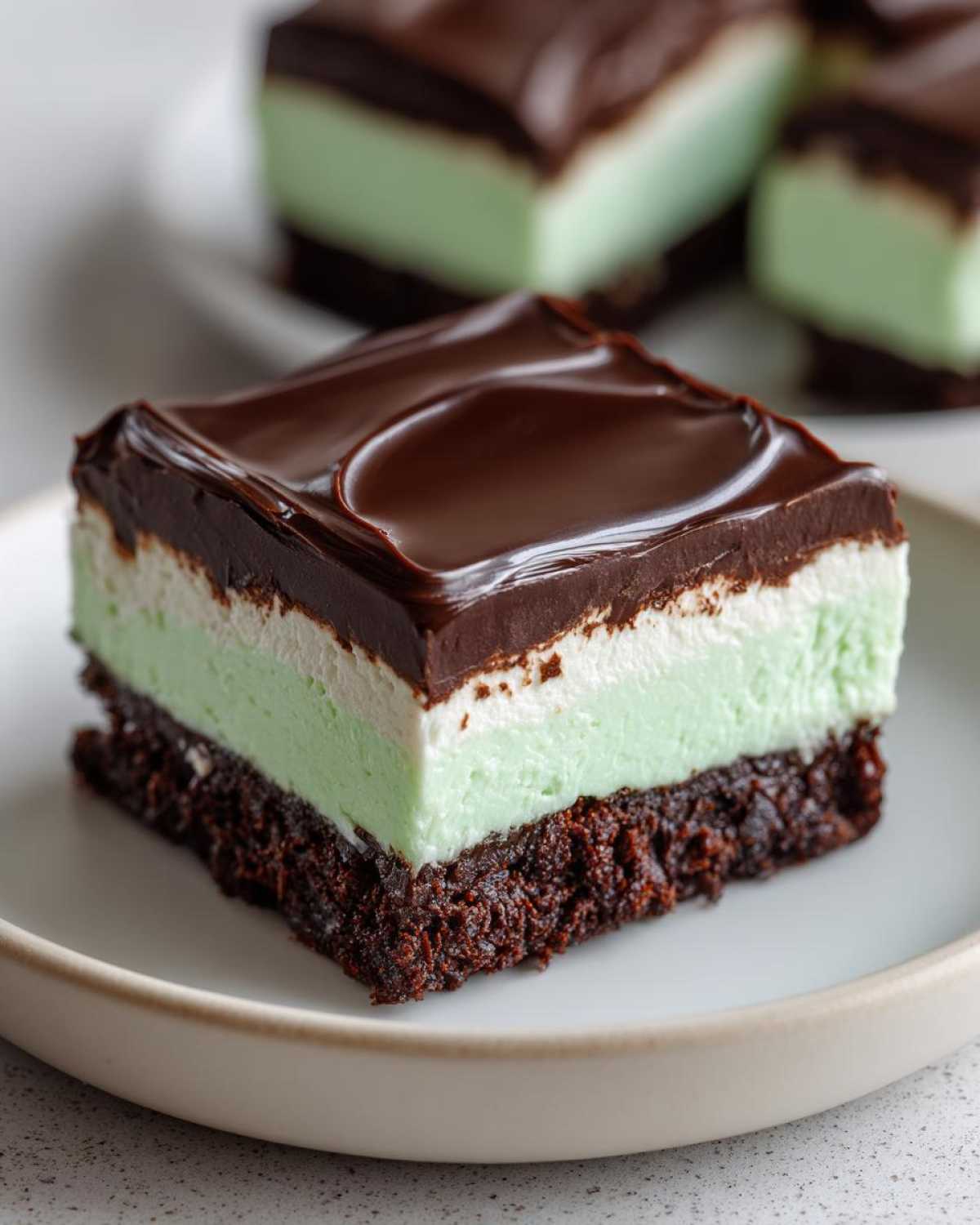 A square portion of No-Bake Chocolate Mint Icebox Bars featuring a dark chocolate crust, mint layer, white layer, and glossy chocolate topping.