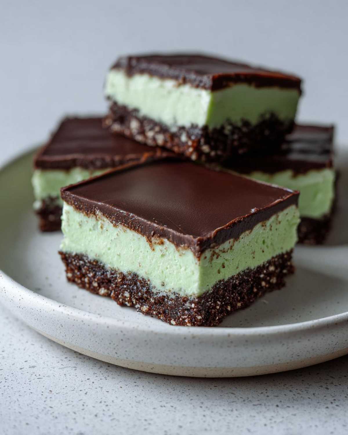 Three stacked No-Bake Chocolate Mint Icebox Bars featuring a dark crust, light green mint layer, and chocolate topping.