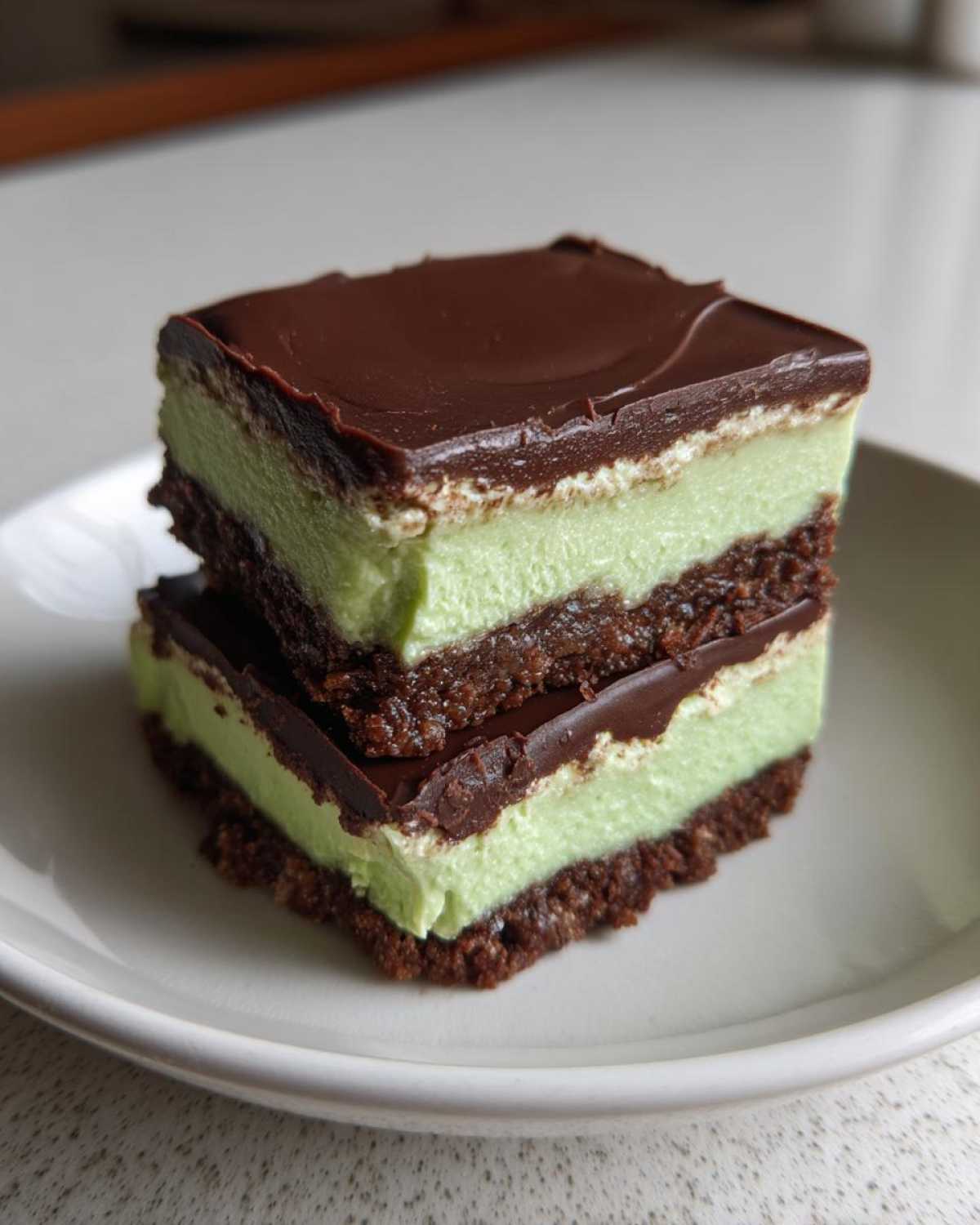 Two stacked squares of No-Bake Chocolate Mint Icebox Bars featuring a dark chocolate crust, light green mint layer, and chocolate ganache topping.