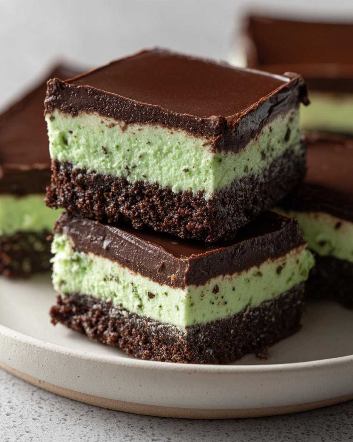 Two stacked squares of No-Bake Chocolate Mint Icebox Bars showing chocolate crust, mint layer, and ganache topping.