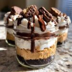 Close-up of layered No-Bake Chocolate Peanut Butter Pie Jars topped with whipped cream, chocolate drizzle, and peanut butter cups.
