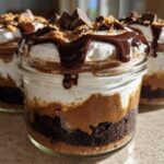 Close-up of layered No-Bake Chocolate Peanut Butter Pie Jars topped with whipped cream and chocolate drizzle.