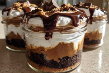 Close-up of layered No-Bake Chocolate Peanut Butter Pie Jars topped with whipped cream and chocolate drizzle.