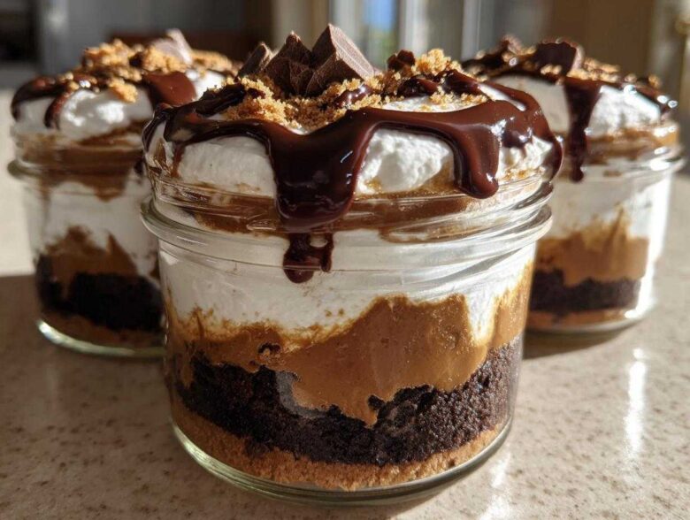 Close-up of layered No-Bake Chocolate Peanut Butter Pie Jars topped with whipped cream and chocolate drizzle.