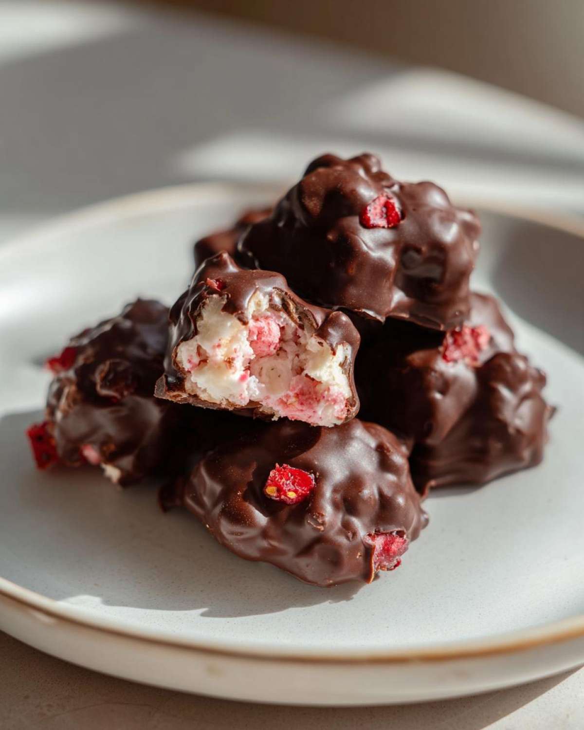 A stack of No-Bake Chocolate Strawberry Yogurt Clusters coated in dark chocolate with visible strawberry pieces.