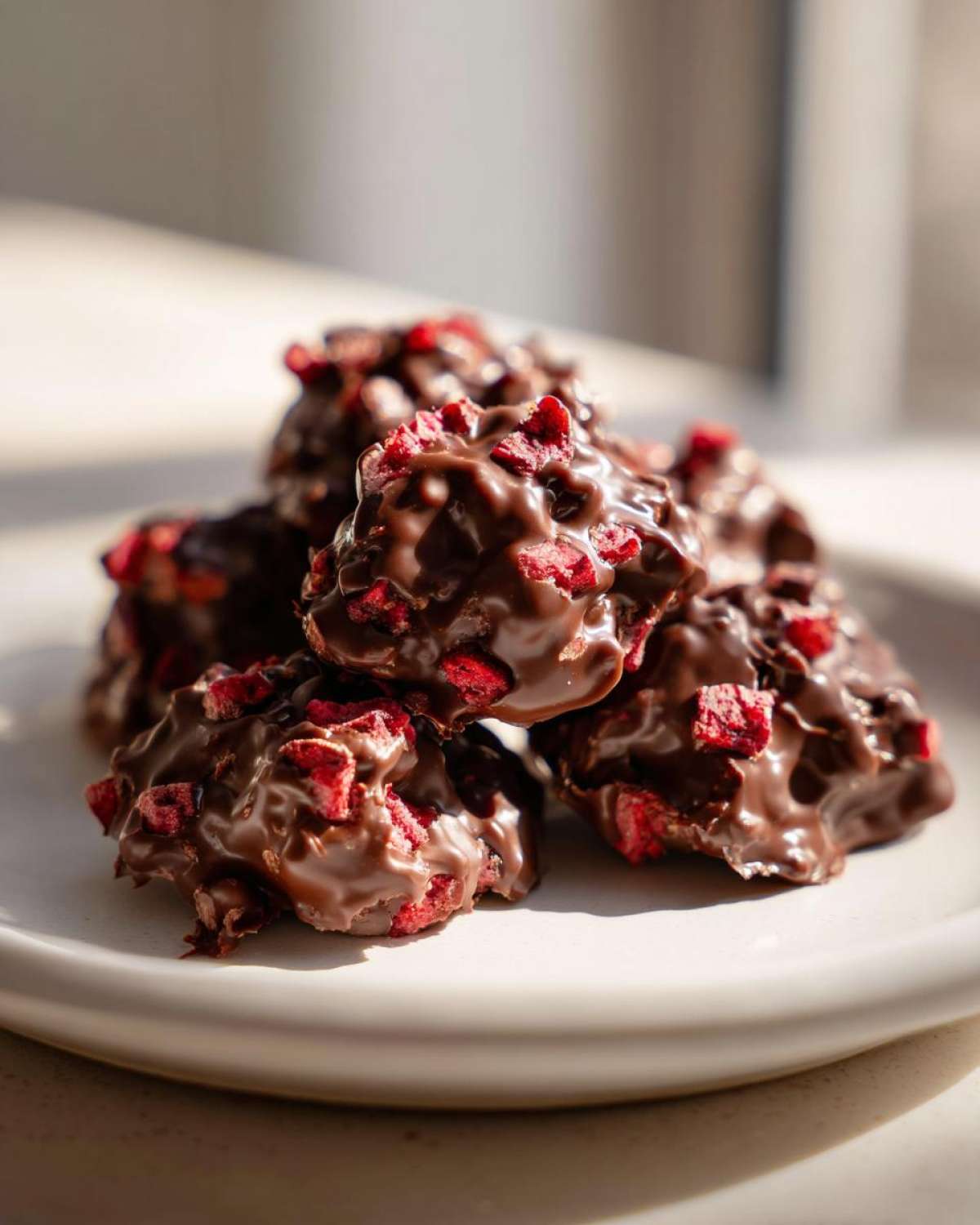 A stack of rich, chocolate-coated No-Bake Chocolate Strawberry Yogurt Clusters topped with bright red freeze-dried strawberry pieces.