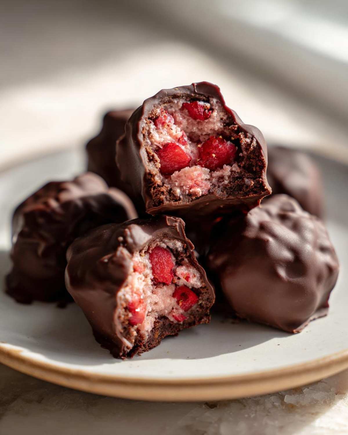 Close-up of No-Bake Chocolate Strawberry Yogurt Clusters, one cut open showing pink yogurt filling and red strawberry pieces inside a dark chocolate shell.