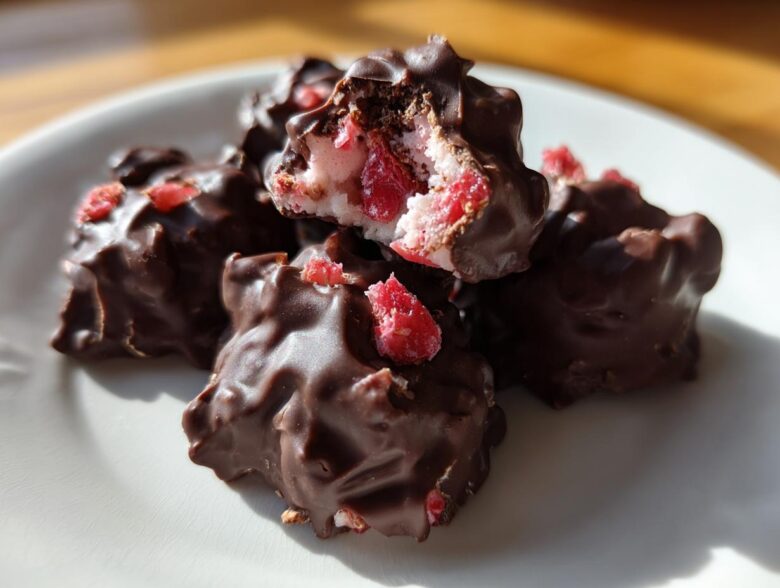 A close-up of several No-Bake Chocolate Strawberry Yogurt Clusters piled on a white plate, one is broken open showing the pink yogurt filling.