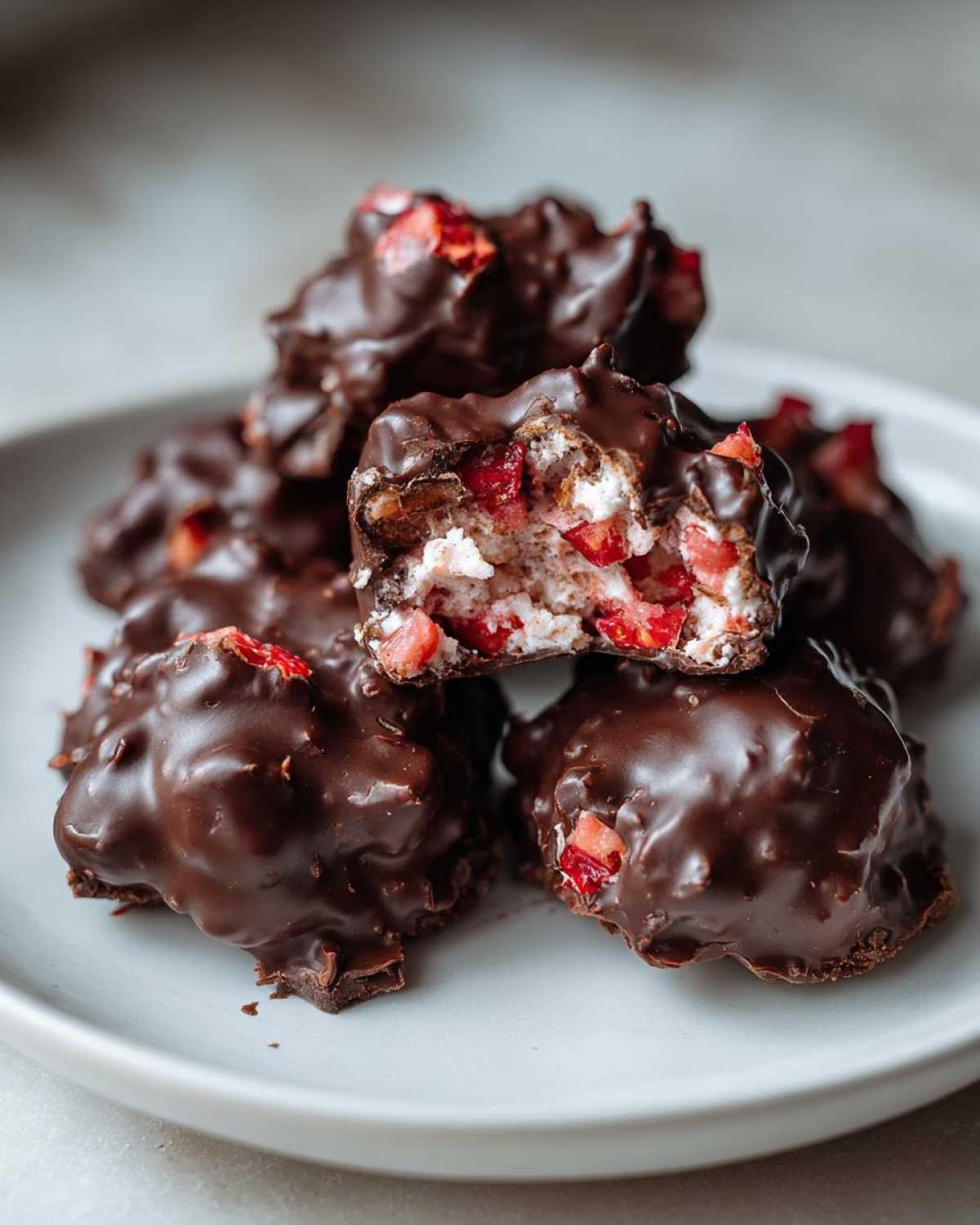 A stack of No-Bake Chocolate Strawberry Yogurt Clusters, one is broken open revealing the yogurt and strawberry filling.