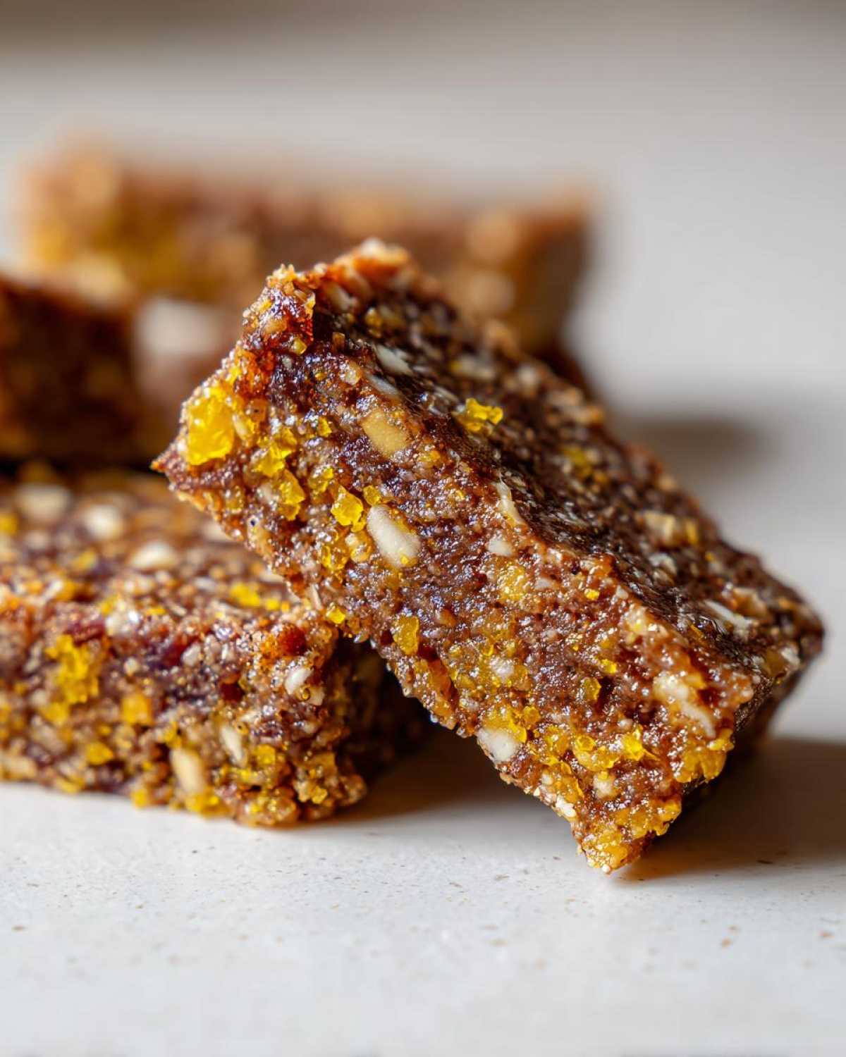 Close-up macro shot showing the texture of No-Bake Lemon Almond Date Bars, rich with dates, almonds, and bright yellow lemon zest.