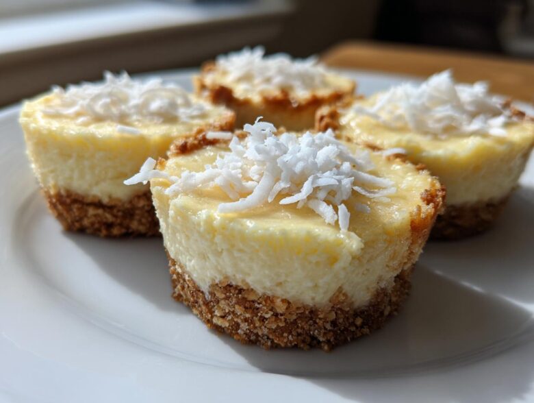 Four individual No-Bake Lemon Coconut Cheesecake Cups topped with shredded coconut on a white plate.