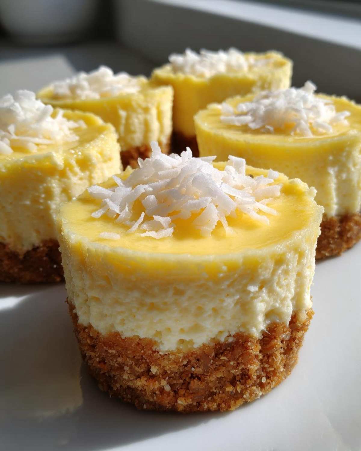Close-up of individual No-Bake Lemon Coconut Cheesecake Cups topped with shredded coconut.