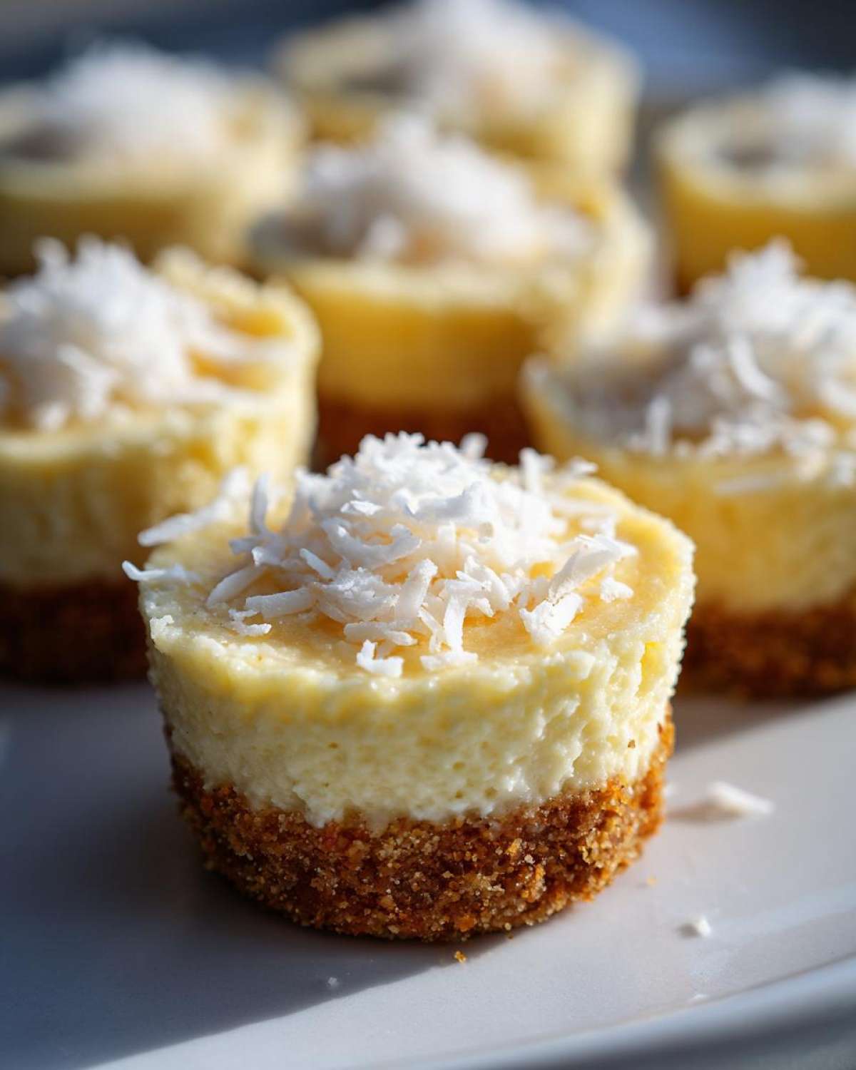A single, perfectly formed No-Bake Lemon Coconut Cheesecake Cup topped with shredded coconut, sitting on a white plate.