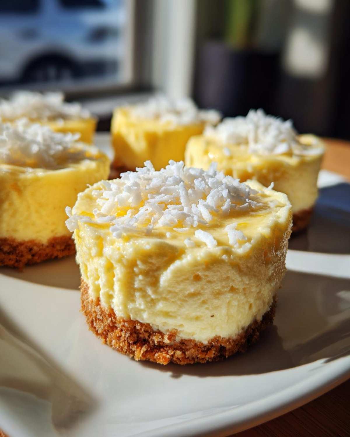 A close-up of one of the No-Bake Lemon Coconut Cheesecake Cups topped with shredded coconut on a white plate.