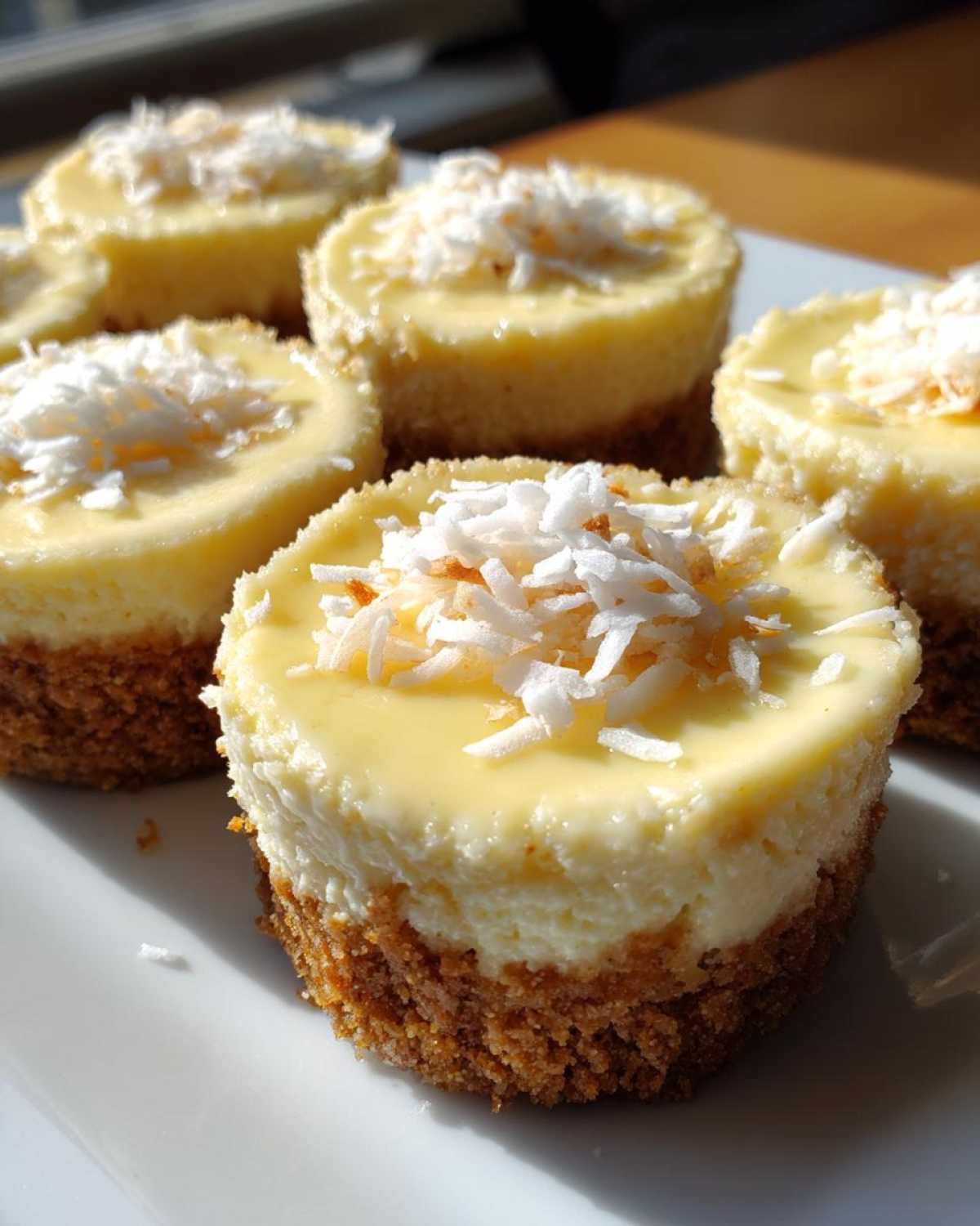 Close-up of several No-Bake Lemon Coconut Cheesecake Cups topped with shredded coconut on a white plate.