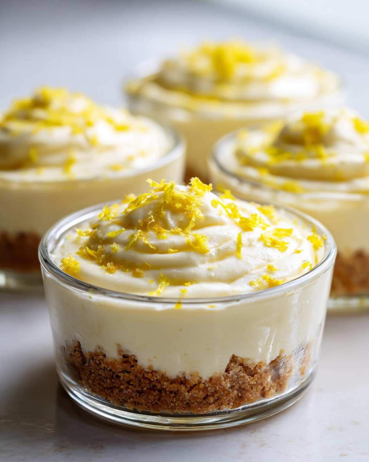 Close-up of a No-Bake Lemon Cream Pie Cup featuring a graham cracker crust and creamy filling topped with lemon zest.