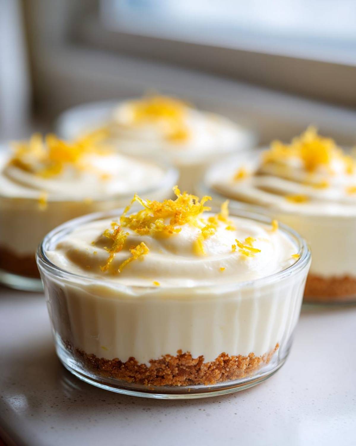 A close-up of one of the No-Bake Lemon Cream Pie Cups, showing the graham cracker crust and creamy filling topped with bright lemon zest.