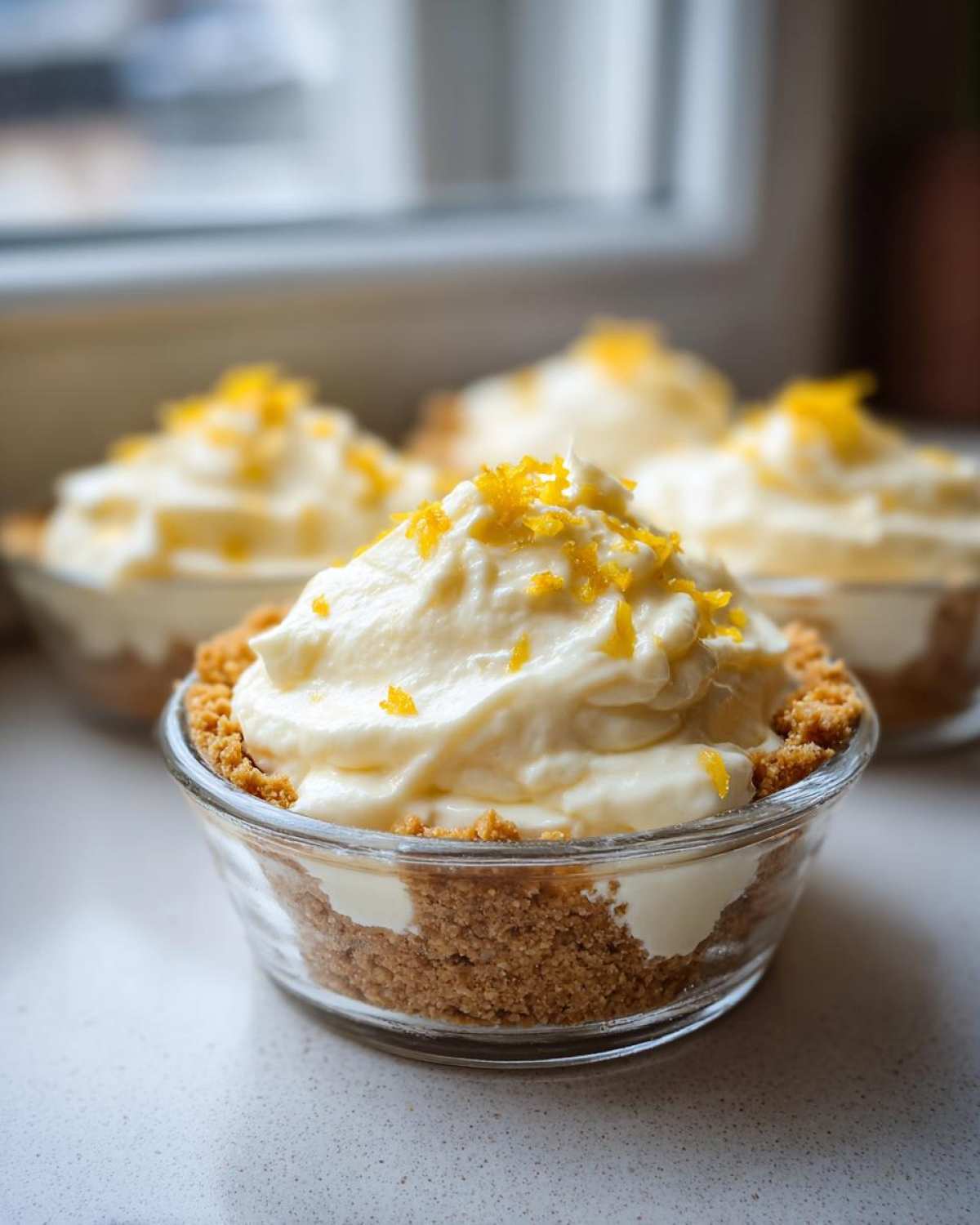 Close-up of a No-Bake Lemon Cream Pie Cup in a glass ramekin topped with whipped cream and lemon zest.