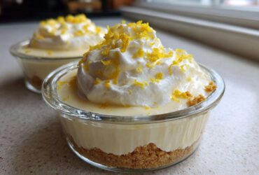 Two individual No-Bake Lemon Cream Pie Cups featuring a graham cracker crust, lemon filling, and whipped cream topped with bright yellow lemon zest.