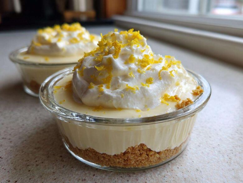 Two individual No-Bake Lemon Cream Pie Cups featuring a graham cracker crust, lemon filling, and whipped cream topped with bright yellow lemon zest.