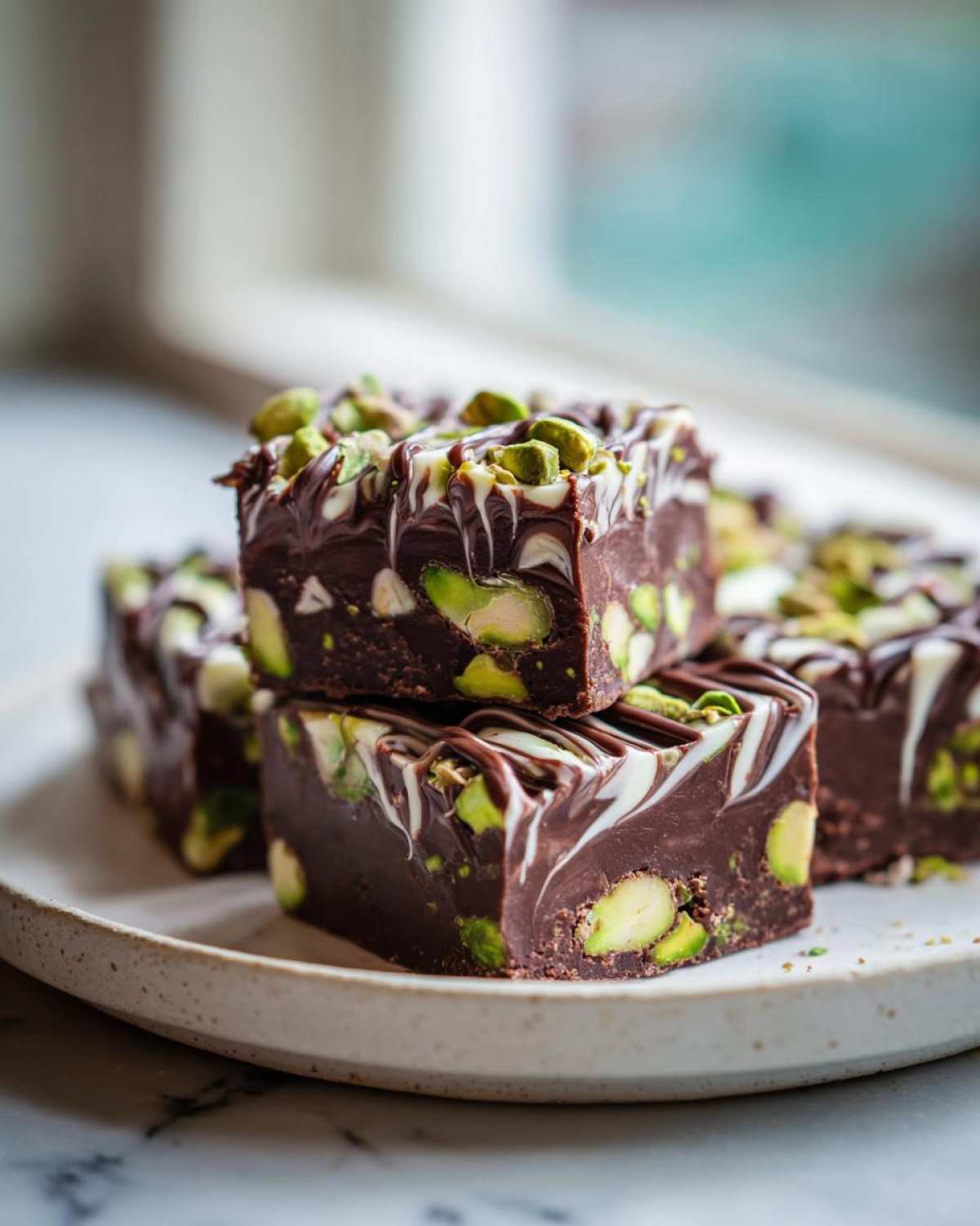 Close-up of stacked No-Bake Pistachio Chocolate Fudge Squares, rich dark chocolate studded with green pistachios and drizzled with white chocolate.