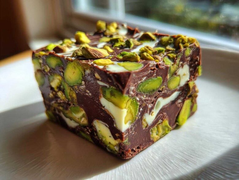 A single square of rich No-Bake Pistachio Chocolate Fudge Squares packed with bright green pistachios and white chocolate swirls.