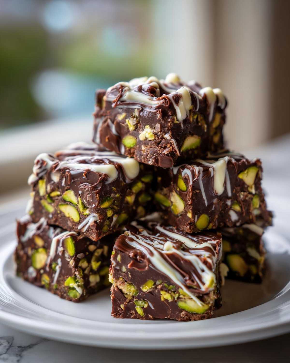 Stack of rich No-Bake Pistachio Chocolate Fudge Squares drizzled with white chocolate.